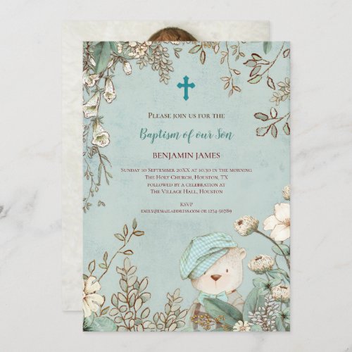 Vintage Baptism Cute Bear Photo Leaves Baby Boy Invitation