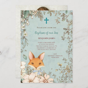 Vintage Baptism Cute Fox Photo Botanical Baby Boy Invitation