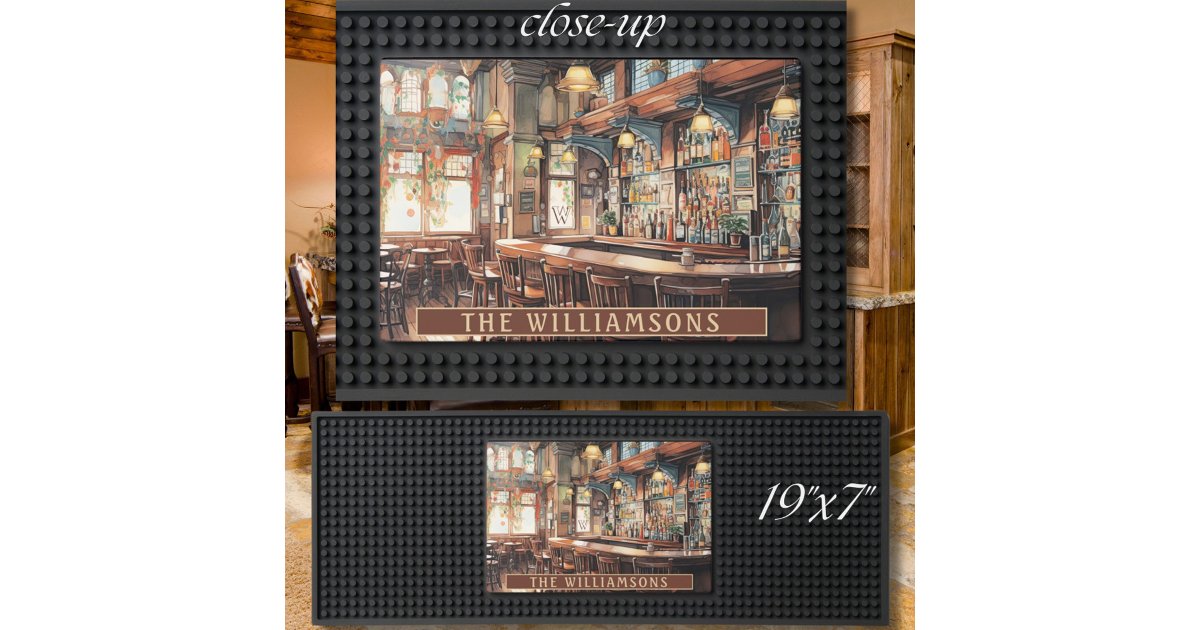Monogram Scene Vintage Bar Scene Monogram Family Name Bar Mat | Zazzle