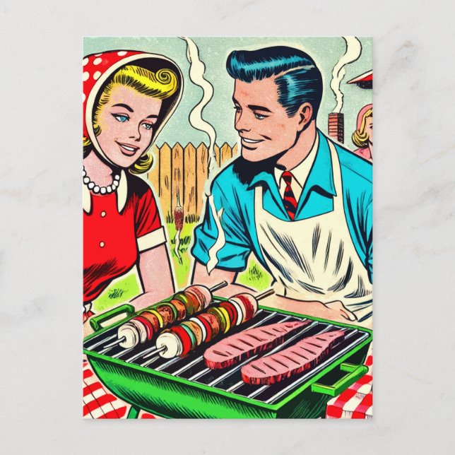 Vintage Barbecue Couple Comics Postcard (Front)