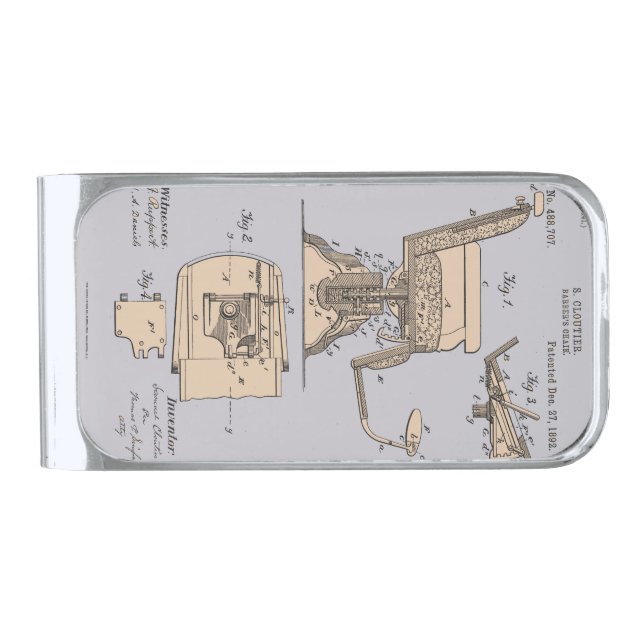 Vintage Barber Chair Patent Silver Finish Money Clip (Front)