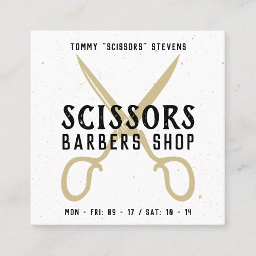 Vintage barber shop black gold retro scissor logo square business card