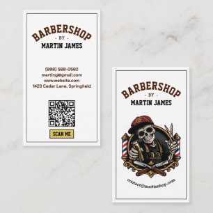 Vintage Barbershop Skull Mascot Hair Stylist QR Business Card