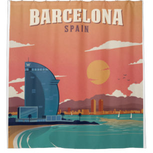 Vintage Barcelona Beach Poster Shower Curtain