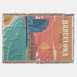 Vintage Barcelona Beach Poster Throw Blanket