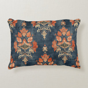 Vintage Barkcloth Textile on Blue Background Accent Pillow