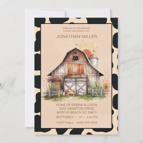 Vintage Barn Farm Cow Birthday Party Invitation