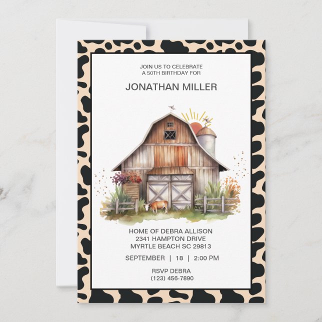 Vintage Barn Farm Cow Birthday Party Invitation (Front)