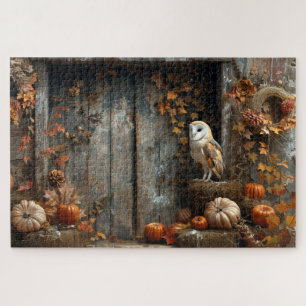 Vintage Barn Owl and Barn Wood Autumn 20x30 Jigsaw Puzzle