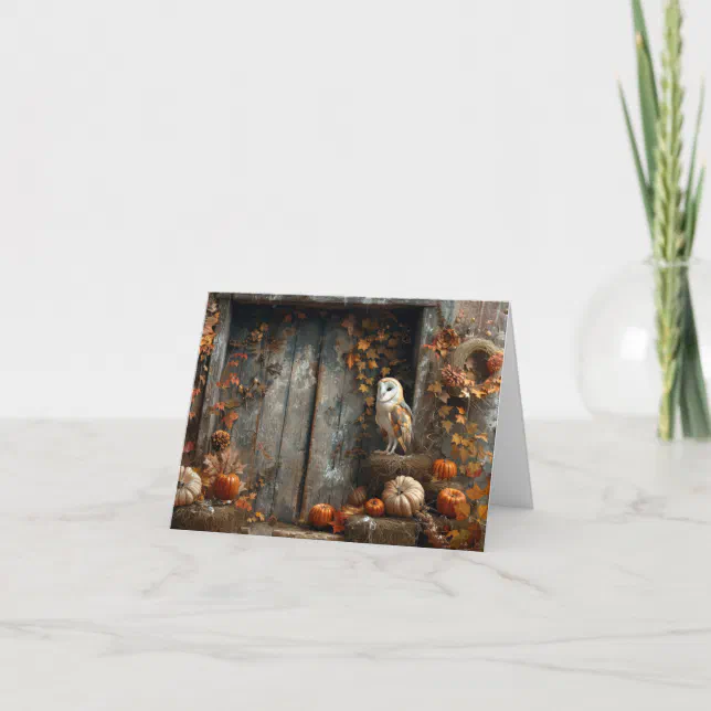 Vintage Barn Owl and Barn Wood Autumn Blank Note Card | Zazzle