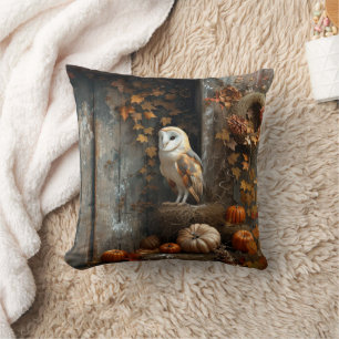 Vintage Barn Owl and Barn Wood Autumn Throw Pillow