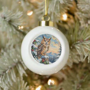 Vintage Barn Owl on Frosty Fence Christmas Ceramic Ball Christmas Ornament