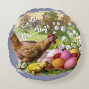 Vintage Barnyard Chickens Easter Round Pillow