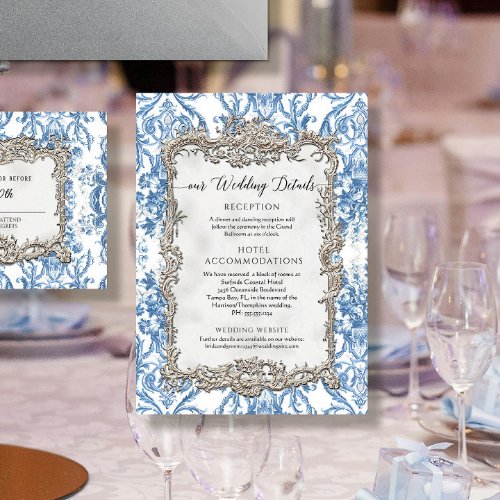 Vintage Baroque Blue White Floral Silver Details Invitation