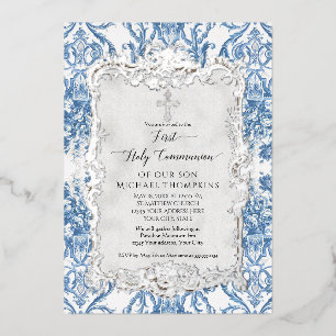 Vintage Baroque Blue White Silver Holy Communion Foil Invitation
