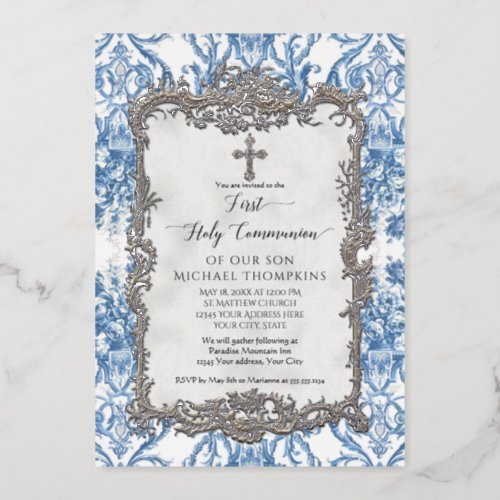 Vintage Baroque Blue White Silver Holy Communion Foil Invitation