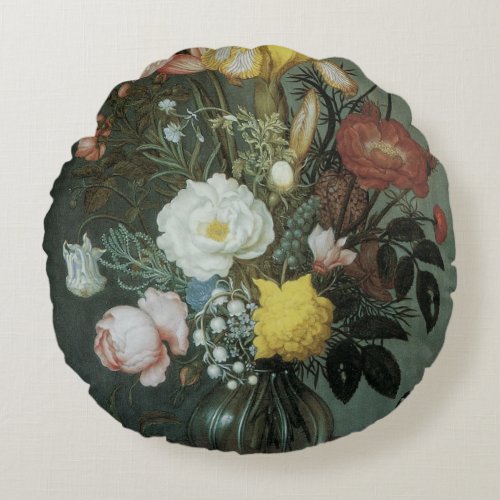 Vintage Baroque Bouquet of Flowers in Glass Vase Round Pillow