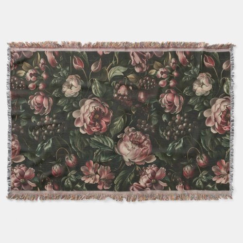 Vintage Baroque Dark Purple Floral Botanical Throw Blanket