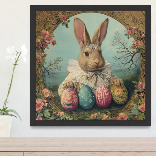 Vintage baroque Easter rabbit with colored eggs Framed Art