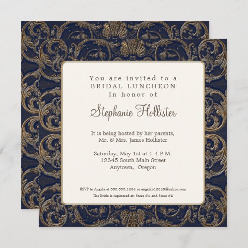 Vintage Baroque Elegant Navy Blue Bridal Shower Invitation