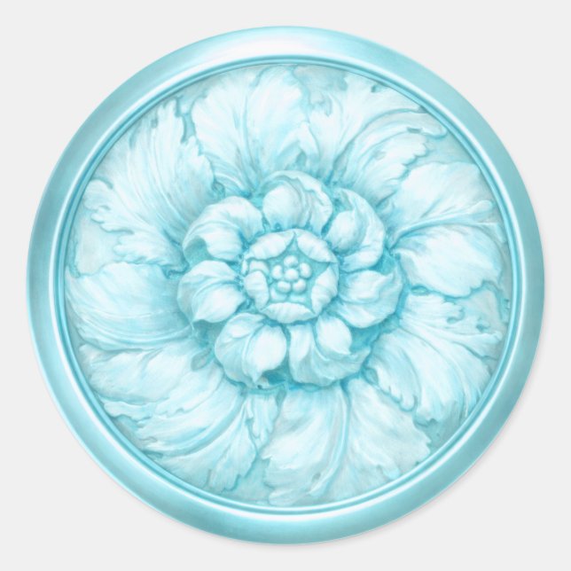 Vintage Baroque Embossed Look Blue Classic Round Sticker (Front)