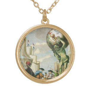 Vintage Baroque Era Atlas Frontispiece World Globe Gold Plated Necklace