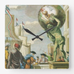 Vintage Baroque Era Atlas Frontispiece World Globe Square Wall Clock
