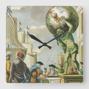 Vintage Baroque Era Atlas Frontispiece World Globe Square Wall Clock