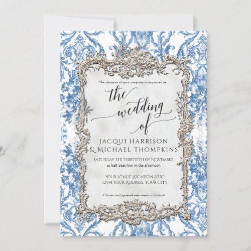 Vintage Baroque Floral Blue White Silver Wedding Invitation