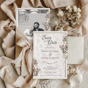 Vintage Baroque Floral Monogram Photo Wedding Save The Date