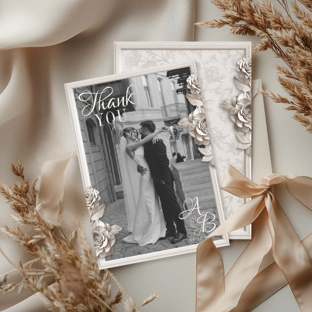 Vintage Baroque Floral Monogram Photo Wedding Thank You Card (Elegant unique Baroque plaster floral frame vintage wedding monogram  photo thank you card)