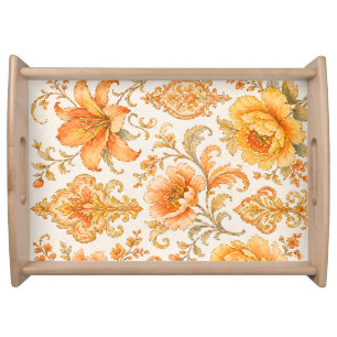 Vintage Baroque Floral Pattern – Warm Orange /Gold Serving Tray