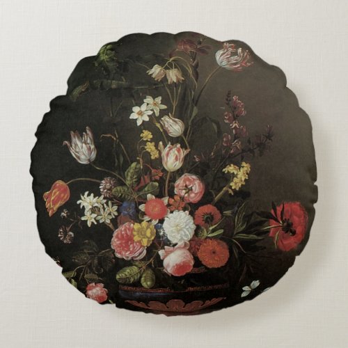 Vintage Baroque Floral Still Life Flowers in Vase Round Pillow