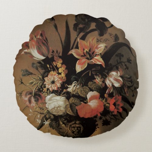 Vintage Baroque Floral Still Life Flowers in Vase Round Pillow