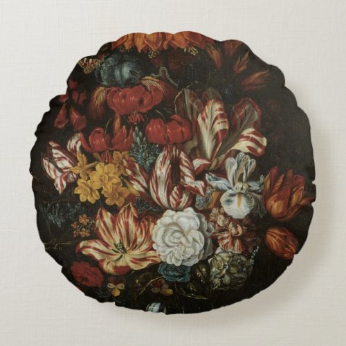 Vintage Baroque Floral Still Life Flowers in Vase Round Pillow