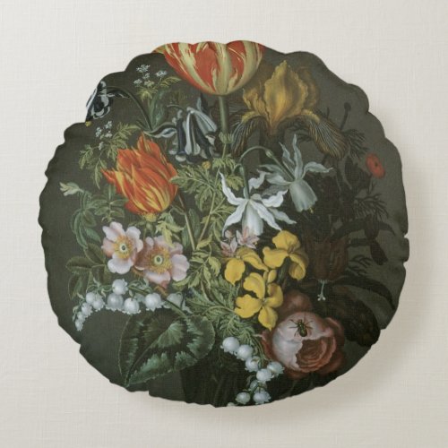 Vintage Baroque Floral Still Life Flowers in Vase Round Pillow