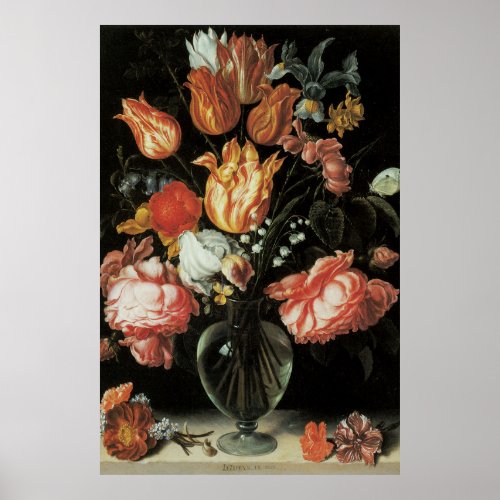 Vintage Baroque Flowers Tulips and Roses in Vase Poster