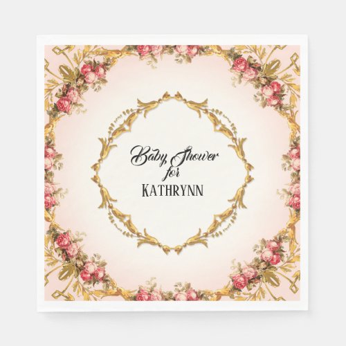 Vintage Baroque Gold Blush French Baby Shower Rose Napkins