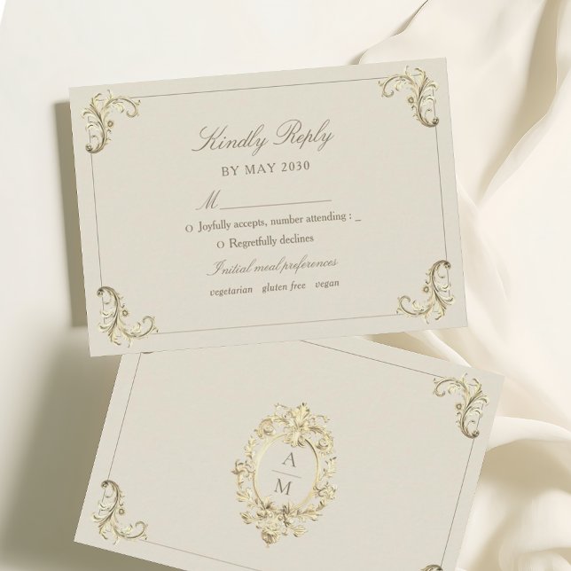 Vintage Baroque Gold Cream Wedding RSVP Card (Creator Uploaded)