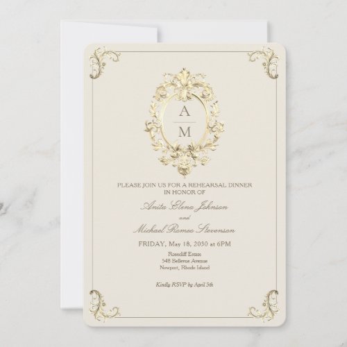 Vintage Baroque Gold Rehearsal Dinner Invitation