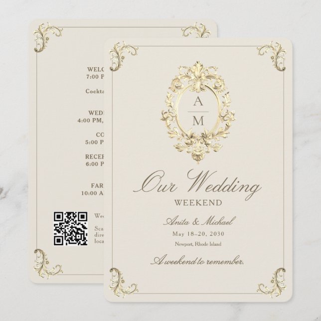 Vintage Baroque Gold Wedding Weekend Itinerary Invitation (Front/Back)