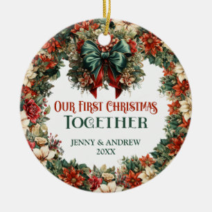 Vintage baroque green and red wreath festive ceramic ornament