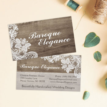 Vintage Baroque Lace On Rustic Elegant Barn Wood Business Card by CyanSkyDesign at Zazzle