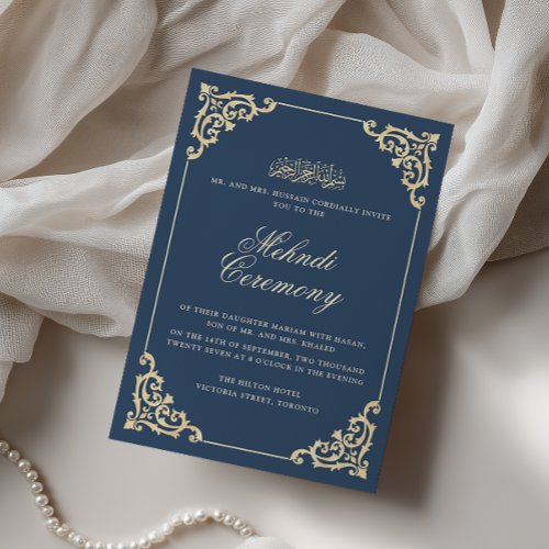 Vintage Baroque Navy Blue Henna Mehndi Ceremony Invitation