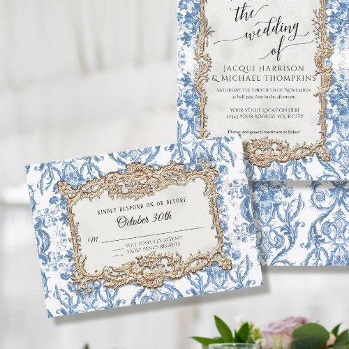 Vintage Baroque Rococo Blue White Floral Wedding RSVP Card