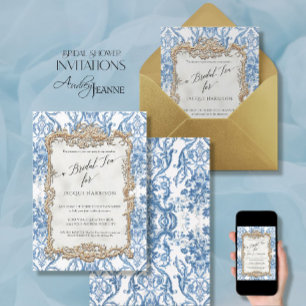 Vintage Baroque Rococo Floral Blue White Bridal Invitation