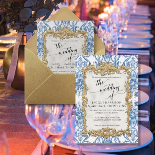 Vintage Baroque Rococo Floral Blue White Gold Foil Foil Invitation