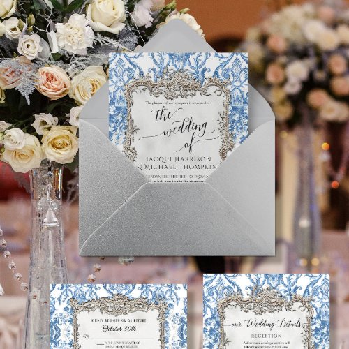 Vintage Baroque Rococo Floral Blue White Silver Foil Invitation