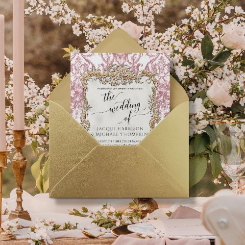 Vintage Baroque Rococo Floral Pink n White Wedding Invitation