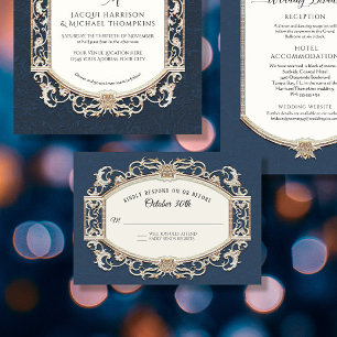 Vintage Baroque Rococo Navy Blue n Gold Wedding RSVP Card